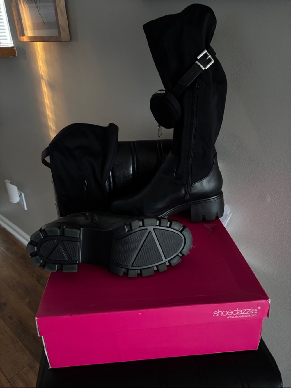 Shoe Dazzle Black Mid-Calf Combat Boots with Lug Sole